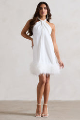 White Halter-Neck Smock Mini Dress With Feather Hem